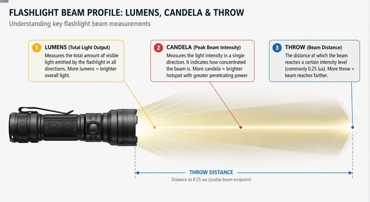 infographic showing how lumens candela and throw interact across different flashlight beam profiles
