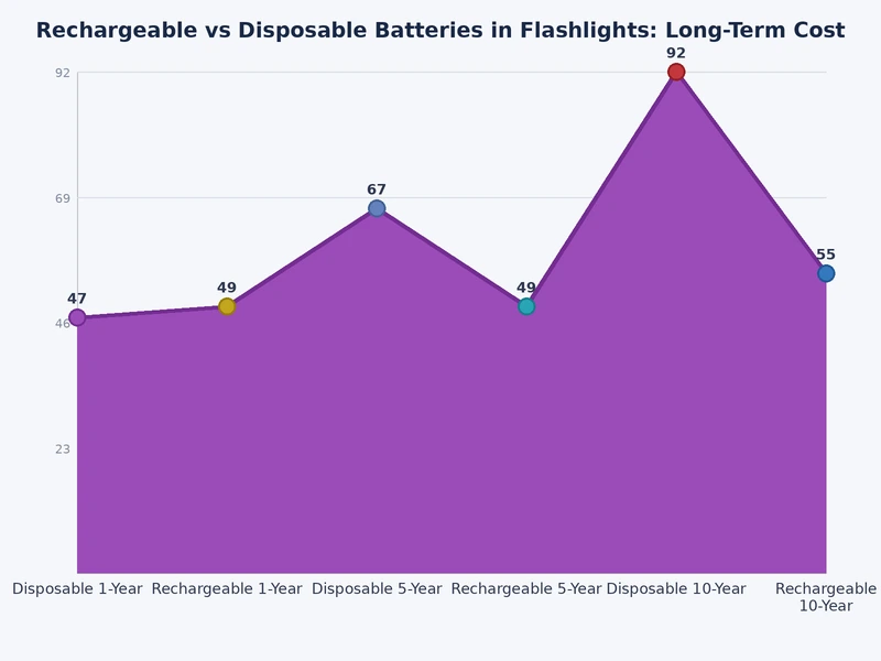Bar chart comparing 2-year battery costs for disposable vs rechargeable flashlight batteries by type