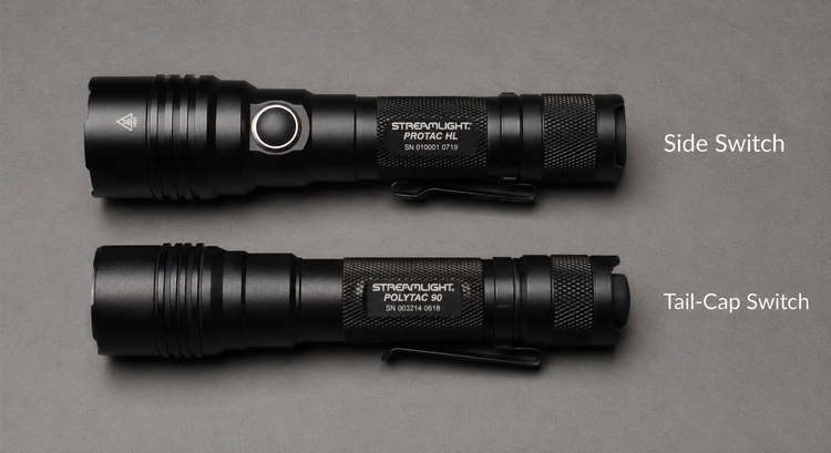 Side switch vs tail switch flashlight comparison showing button placement on two different flashlight designs