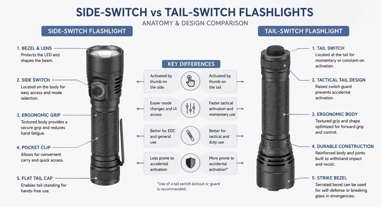 Infographic comparing side switch vs tail switch flashlight ergonomics, use cases, and key design differences