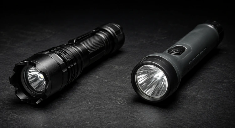 tactical flashlight vs regular flashlight comparison laid side by side on a workbench