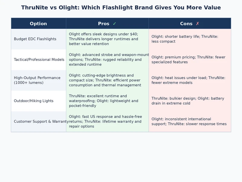 ThruNite vs Olight side-by-side feature comparison showing battery, charging, and ecosystem differences