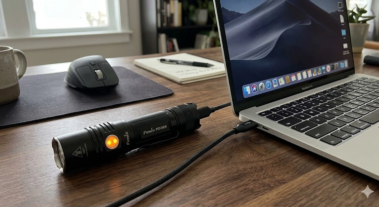 USB-C rechargeable flashlight charging on a desk beside a laptop and cable