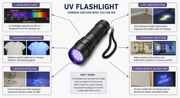 Infographic showing UV flashlight home uses across different room types and substances detected