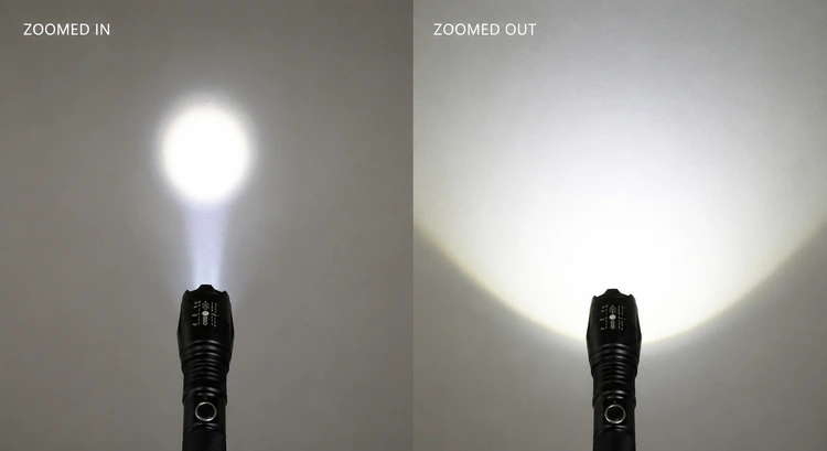 Zoomable flashlight demonstrating flood mode and tight spot beam side by side