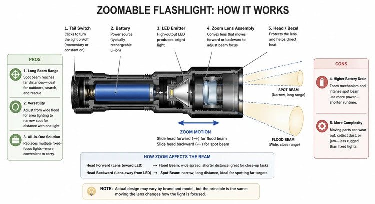 Infographic summarizing zoomable flashlight pros, cons, best uses, and maintenance tips