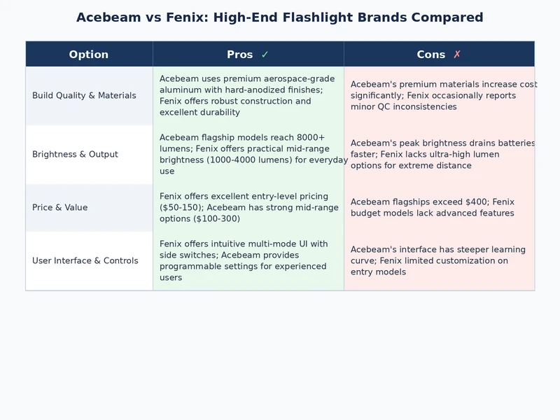 Acebeam vs Fenix flashlight brand comparison showing key differentiators and use case alignment