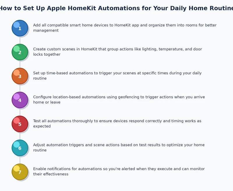 Step-by-step process diagram for configuring Apple HomeKit automations from hub setup to daily routine activation