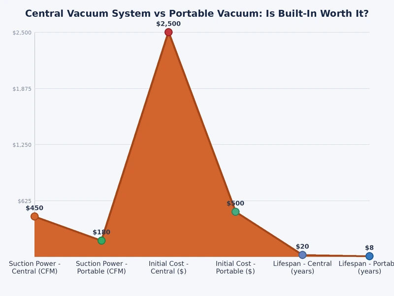 Bar chart comparing suction power in air watts, noise level in decibels, and 10-year cost between central vacuum systems and portable vacuums