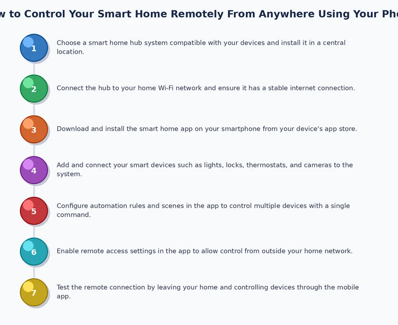 Step-by-step process diagram showing how to set up and control smart home remotely using a smartphone app