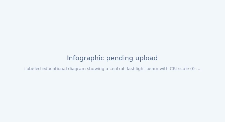 Infographic showing CRI flashlight color rendering index scale with minimum recommendations by use case