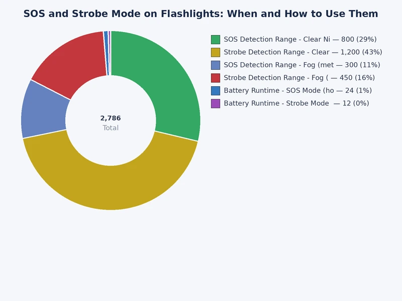 Chart comparing SOS mode vs strobe mode battery drain, effective range, and use case