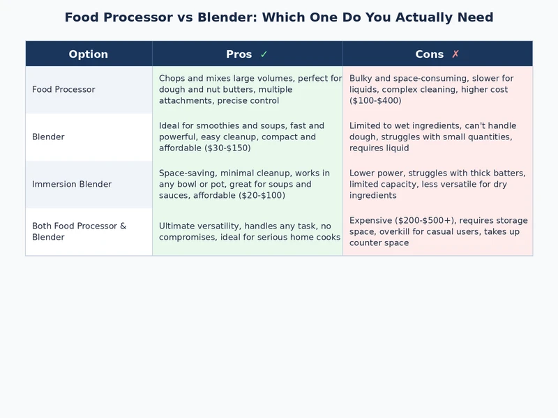 Food processor vs blender comparison chart showing key design and performance differences