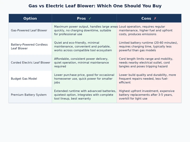 Gas vs electric leaf blower comparison showing CFM, noise, weight, and runtime side by side