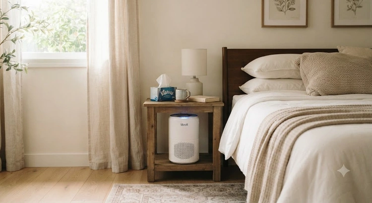 best air purifier for allergies and asthma placed beside a bed in a bedroom with white walls