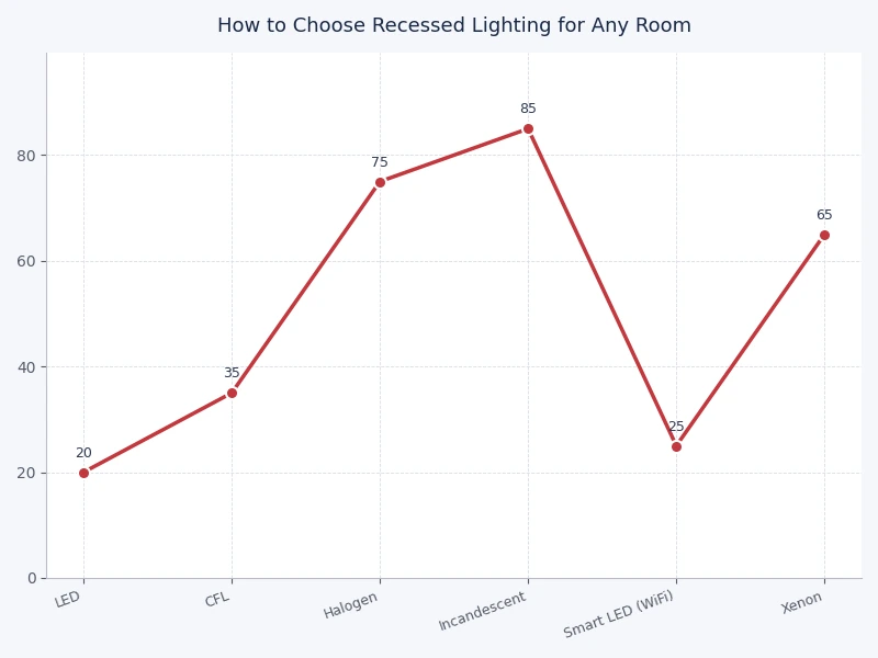 chart comparing recessed lighting color temperatures and recommended rooms