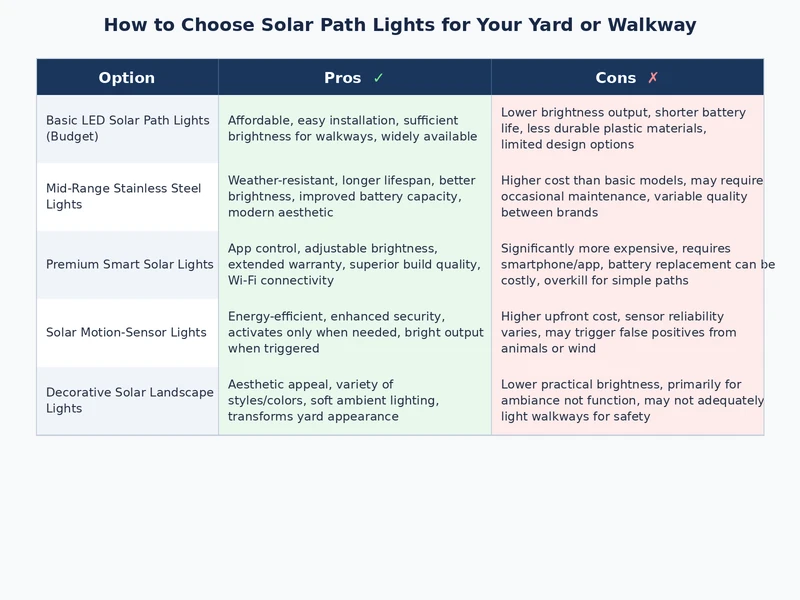 Side-by-side specification comparison of solar path light panel types battery chemistry and IP ratings across fixture tiers