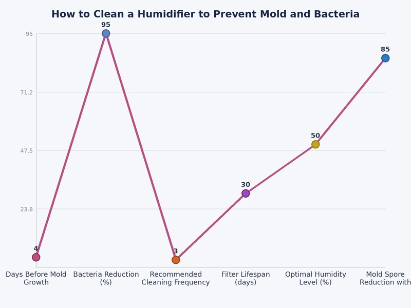 Bar chart comparing bacterial growth rates in humidifier tanks at 24, 48, and 72 hours without cleaning