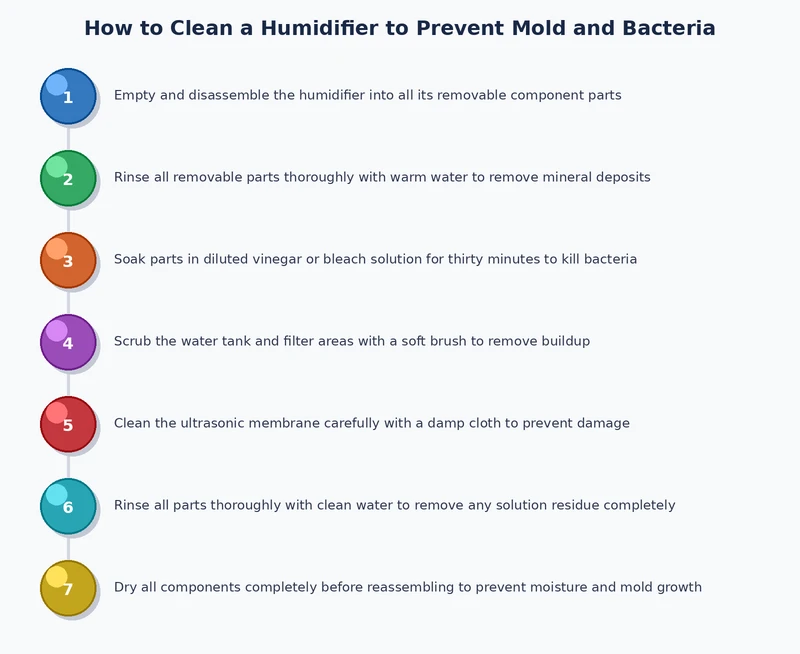 Step-by-step process diagram for deep cleaning a humidifier: disassemble, soak, scrub, sanitize, rinse, dry