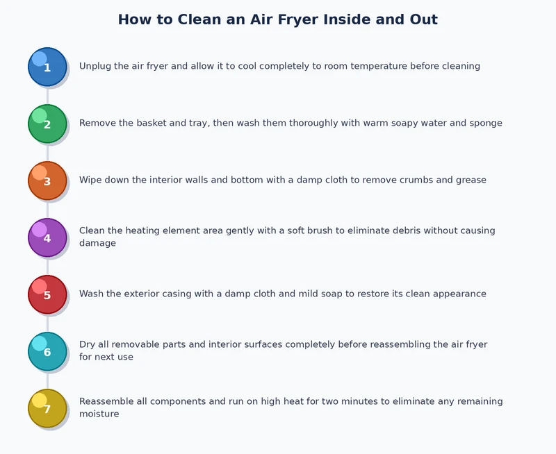 Process diagram showing the correct sequential steps to clean an air fryer inside and out