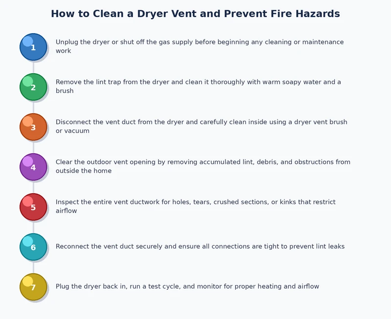 process diagram illustrating step-by-step how to clean dryer vent from interior connection to exterior exhaust cap