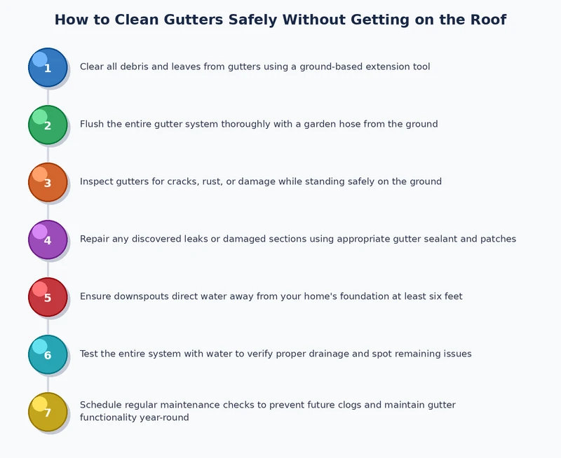 step-by-step process diagram for how to clean gutters without a ladder using ground-level vacuum and pressure wand tools