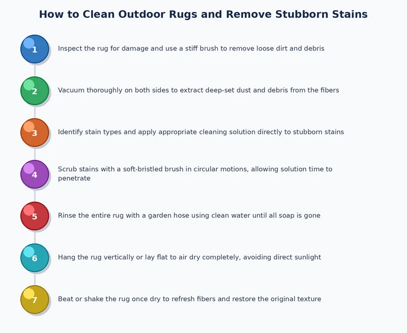 Step-by-step process diagram showing how to clean an outdoor rug including pre-rinse, scrubbing, rinsing, and elevated drying stages