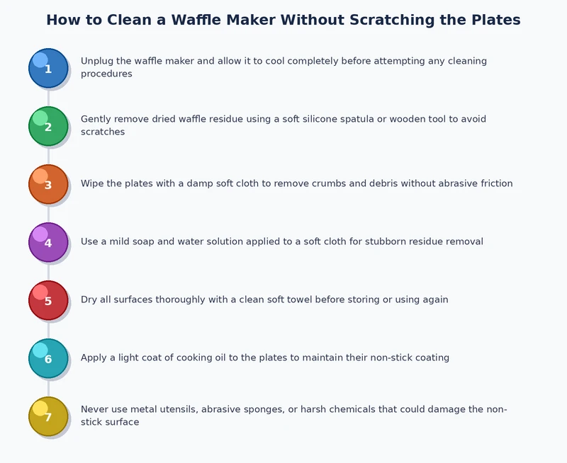 step-by-step process diagram showing how to clean a waffle maker safely without scratching plates