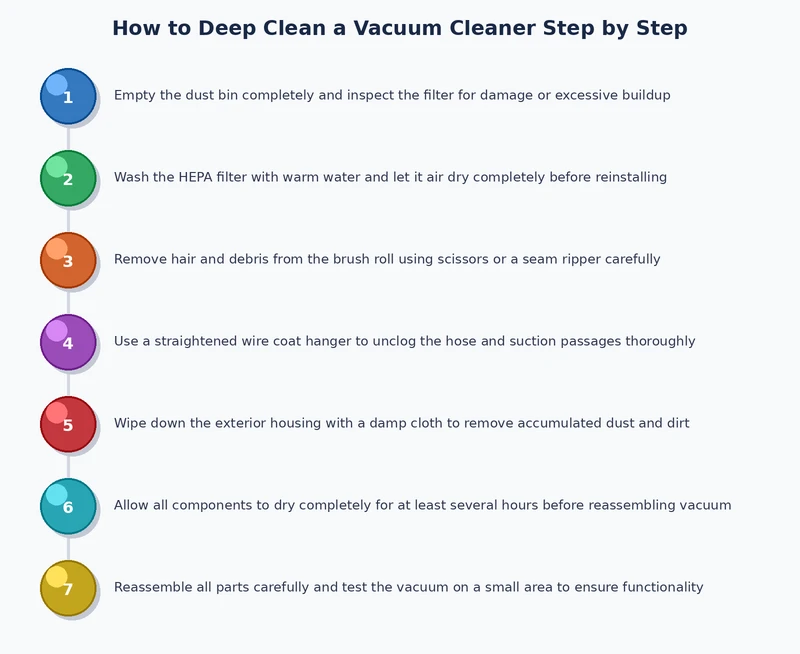 vacuum cleaner deep cleaning process diagram showing filter removal brush roll detangling and hose clearing steps