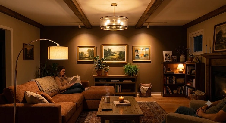 Layered lighting living room with ambient recessed downlights, task floor lamp, and accent wall lighting working in coordination