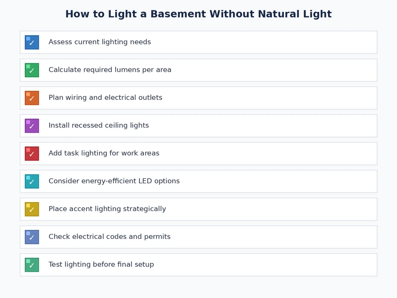 basement lighting checklist covering fixture types, bulb specs, and placement tips