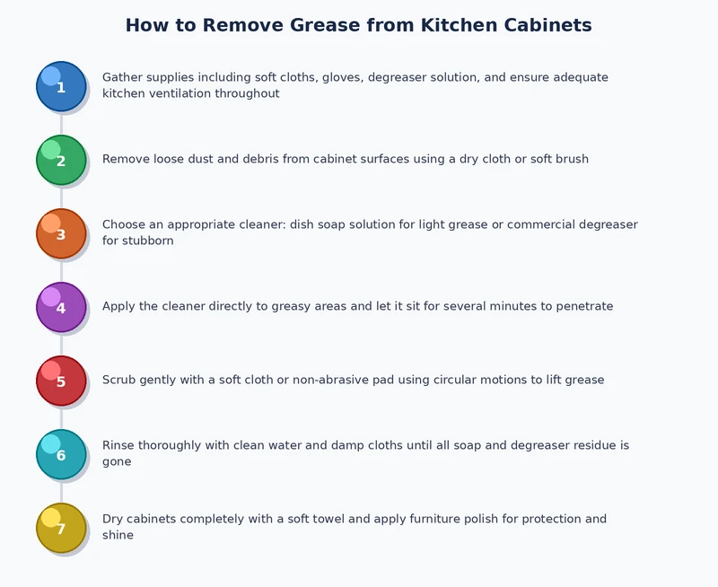 step-by-step process diagram for removing grease from kitchen cabinets