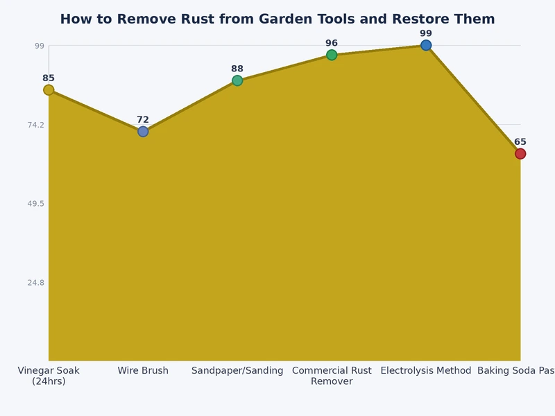 Bar chart comparing rust removal methods by effort level and effectiveness on garden tools