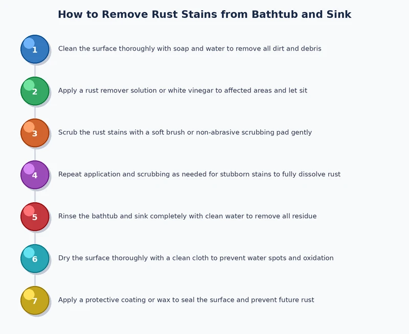 step-by-step process diagram for removing rust stains from bathtub using vinegar baking soda and commercial cleaners