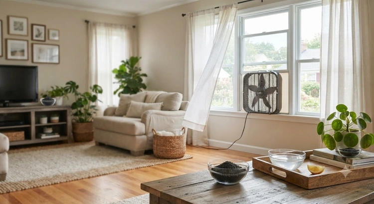 how to remove smoke smell from house — cleaning supplies, open windows, and activated charcoal bowls in a living room