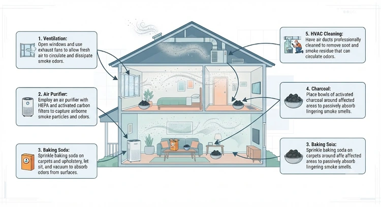 infographic illustrating the full step-by-step process to remove smoke smell from a house