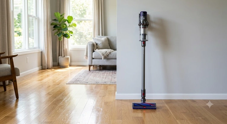 best cordless vacuum for hardwood floors resting on finished oak planks with soft roller head