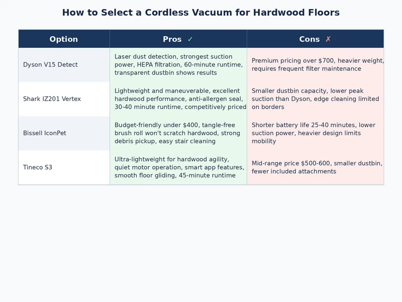 feature comparison chart for cordless vacuums for hardwood floors across budget mid-range and premium tiers