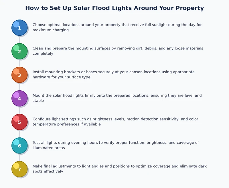 Process diagram showing solar flood light installation steps from panel positioning and mount height to light angle and motion sensor calibration