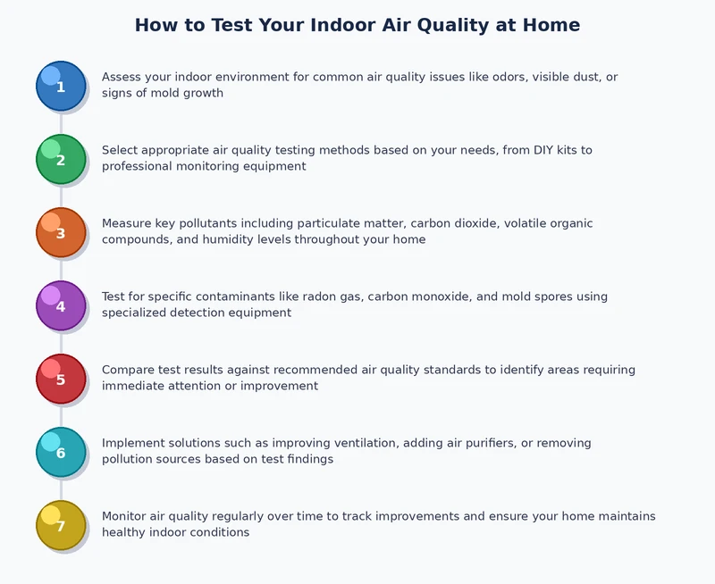 step-by-step process diagram for how to test indoor air quality room by room from monitor placement to lab kit analysis