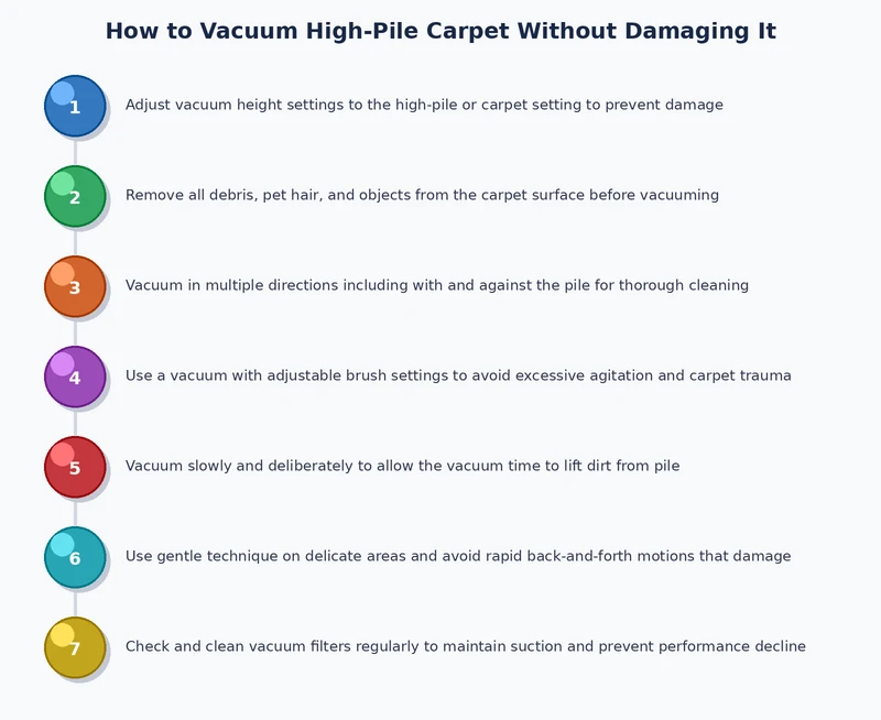 Step-by-step process diagram for vacuuming high pile carpet correctly