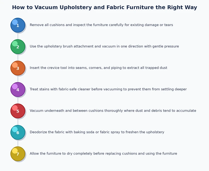 Step-by-step process diagram showing how to vacuum upholstery fabric furniture correctly