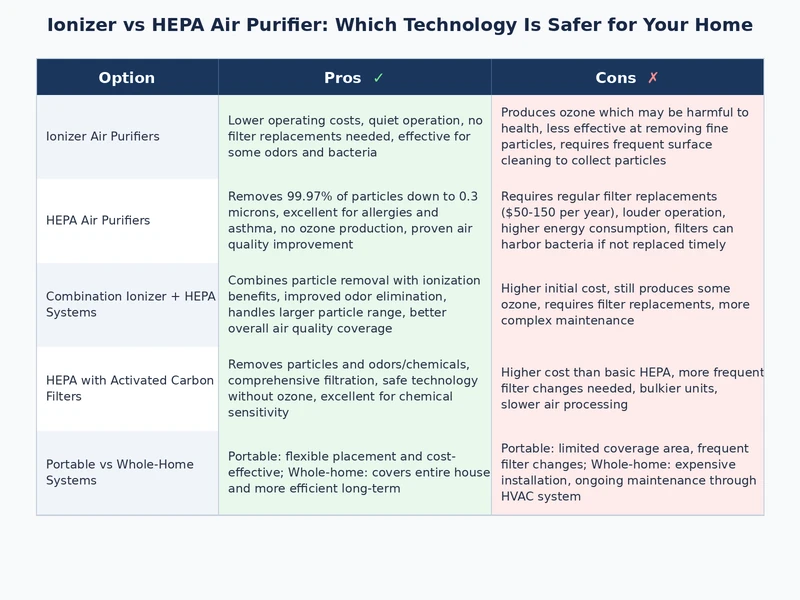 Side-by-side performance comparison chart for ionizer vs HEPA air purifier covering CADR, ozone output, and certifications