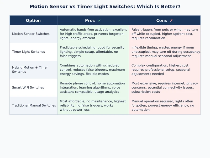 side by side comparison chart of motion sensor vs timer light switch features and use cases