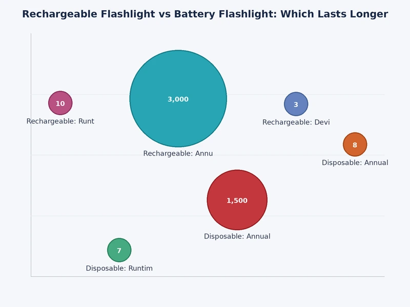 Bar chart comparing runtime hours for rechargeable Li-ion vs disposable alkaline flashlights across high, medium, and low brightness modes