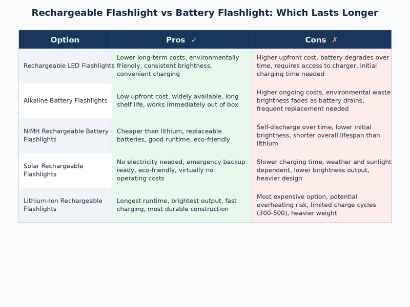 Comparison table graphic showing rechargeable vs battery flashlight ratings across runtime consistency, long-term cost, emergency readiness, and environmental impact