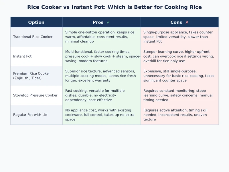 Comparison chart showing rice cooker vs instant pot performance across rice varieties and price tiers