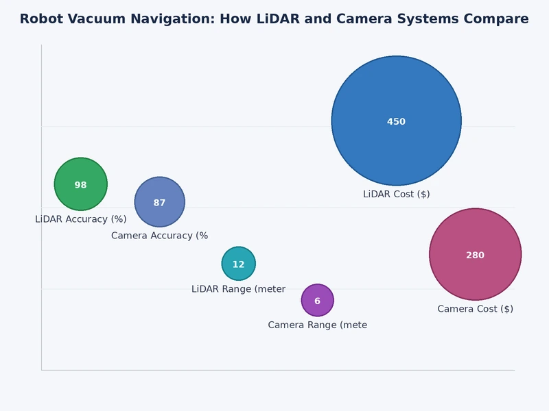 Bar chart comparing LiDAR vs vSLAM camera robot vacuum navigation accuracy metrics across mapping speed, dark room performance, and obstacle detection
