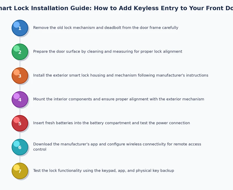 Smart lock installation process diagram showing assembly steps from door prep to app pairing