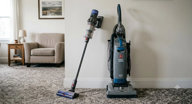 stick vacuum vs upright vacuum side by side on hardwood floor